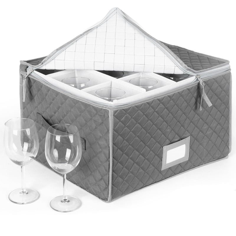 StackStorePlusMore Stack Store Plus More Stemware Storage Case - Holds 12 Wine Glasses or Crystal Glassware with Label Holders and Fully Padded Inside - 16" x 13" x 10"H - Gray - Hard Sides and Stackable - Image 1